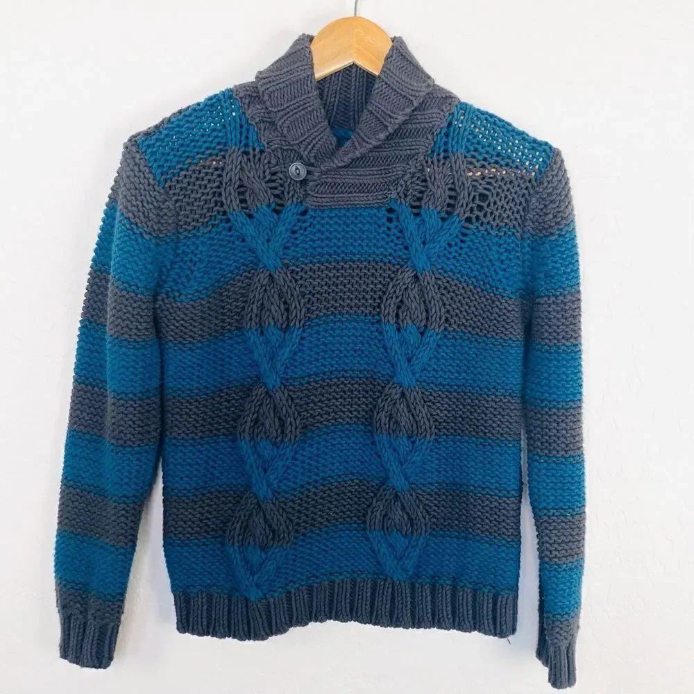 Tea boys teal and gray striped cable sweater large
